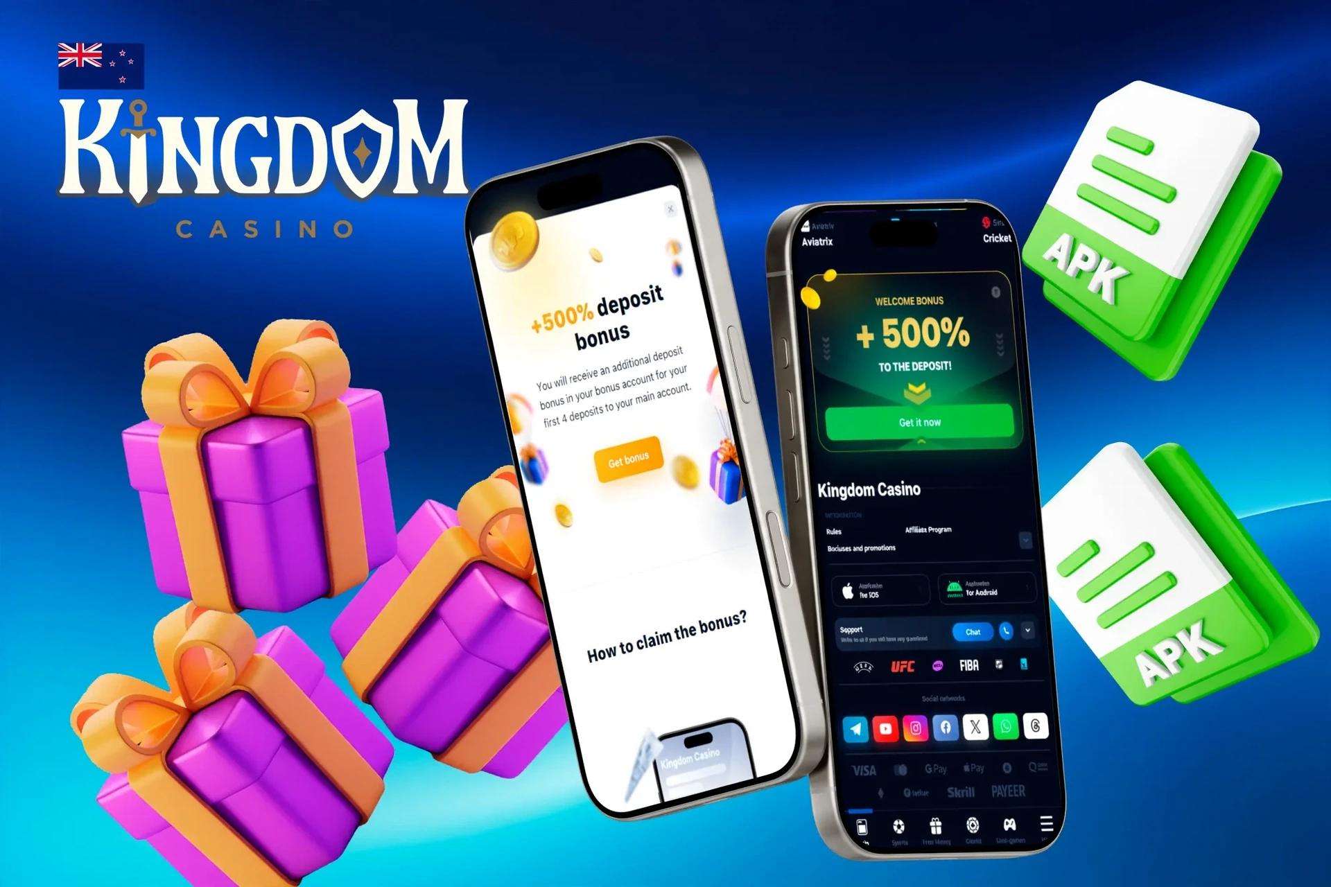 Kingdom Casino mobile app promotion with 500% deposit bonus and gift box illustration
