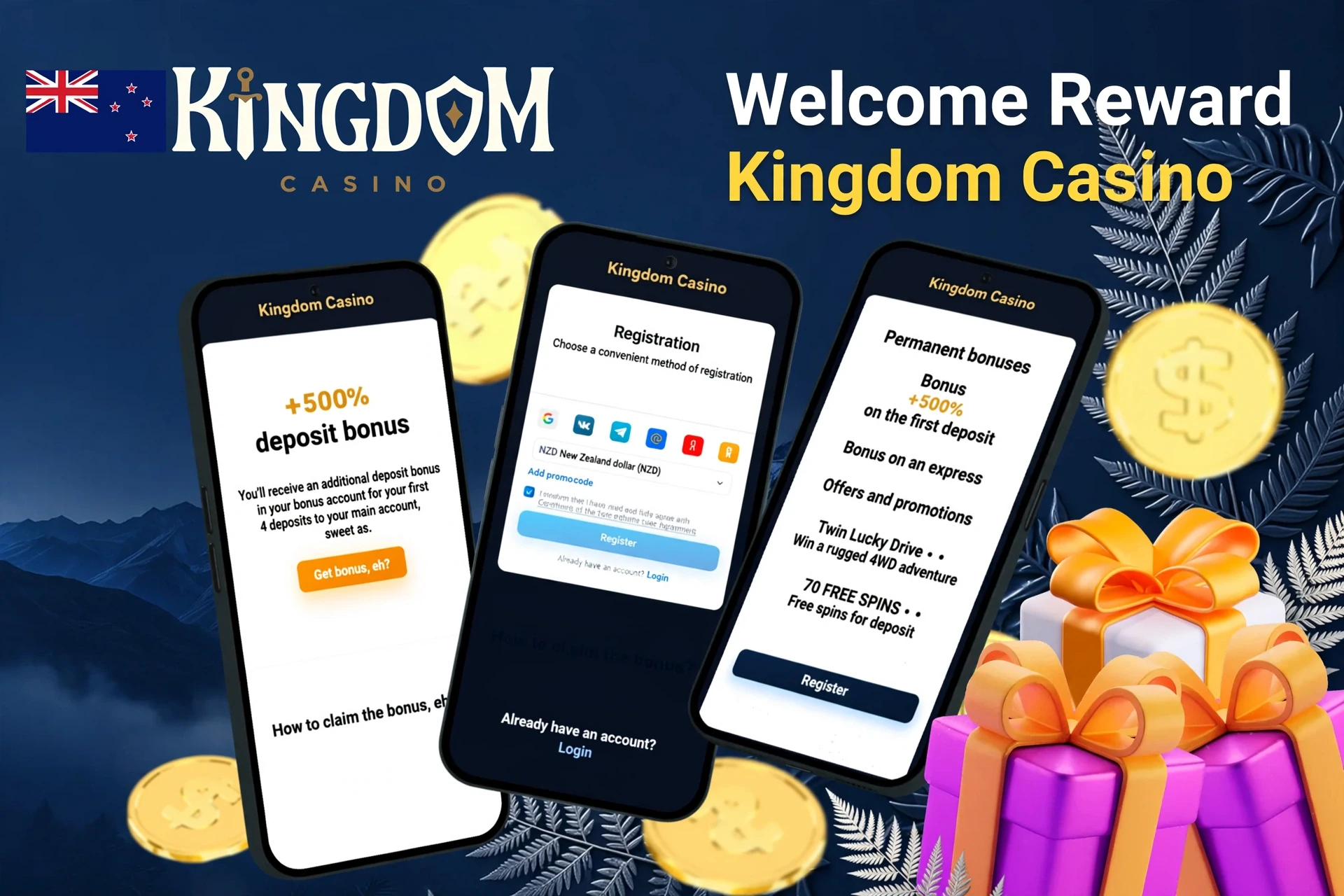 Mobile screens displaying 1Win registration and 500% deposit bonus with gift boxes
