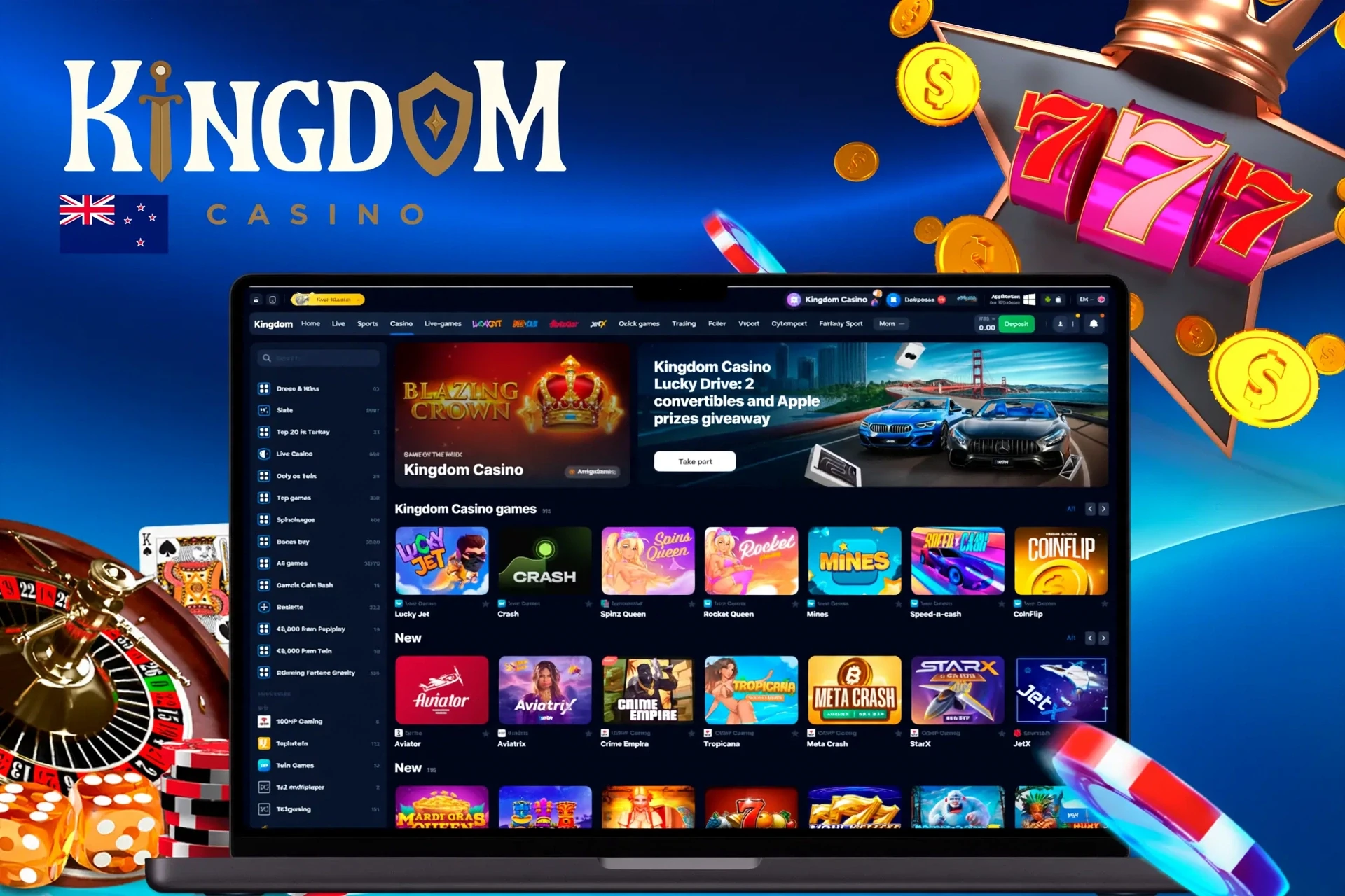 Casino homepage with various slot and crash games, including Lucky Jet and Blazing Crown