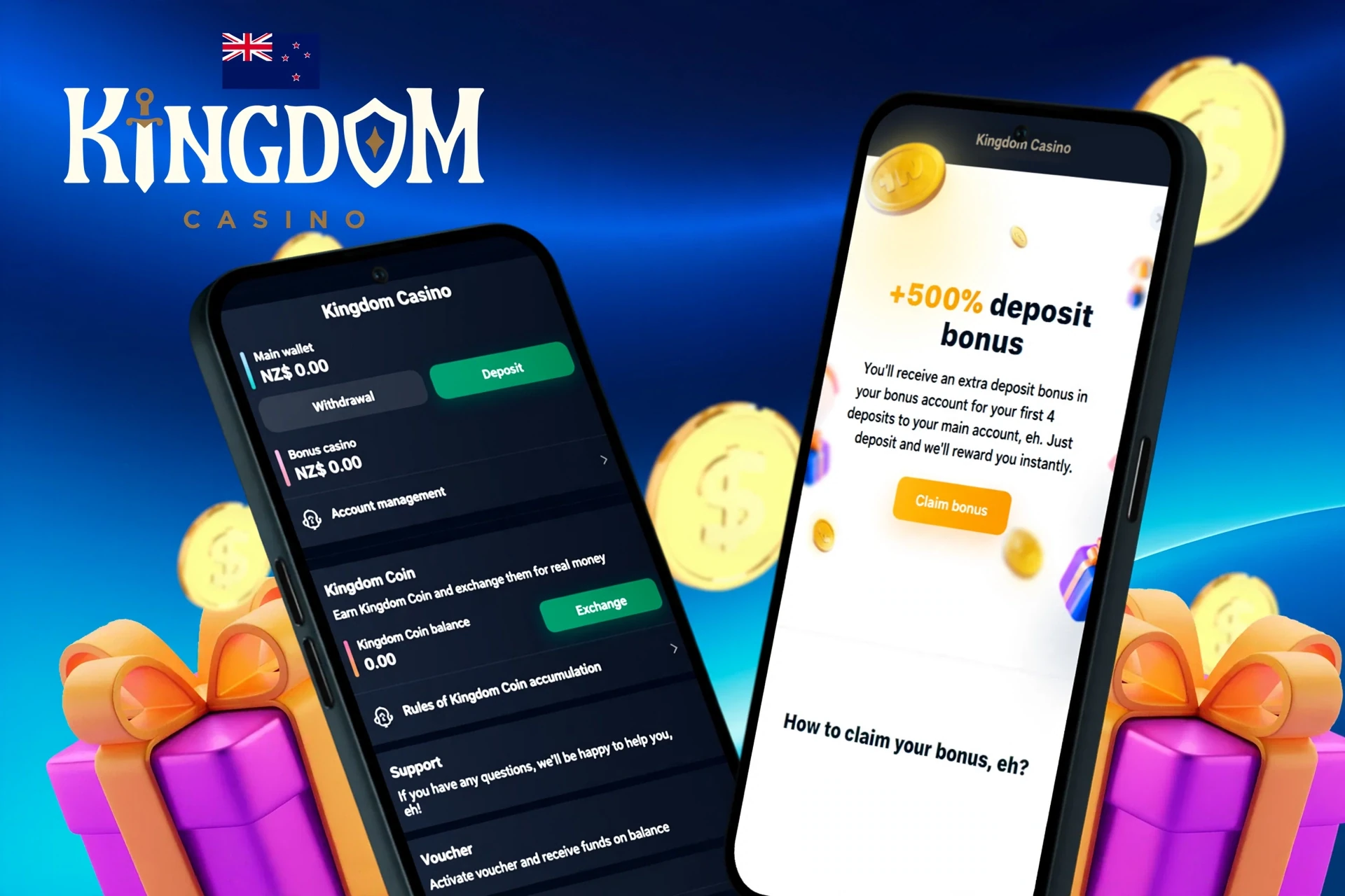 deposit and withdrawal screen showing wallet balance, account management options, and a 500% deposit bonus offer on Kingdom Casino