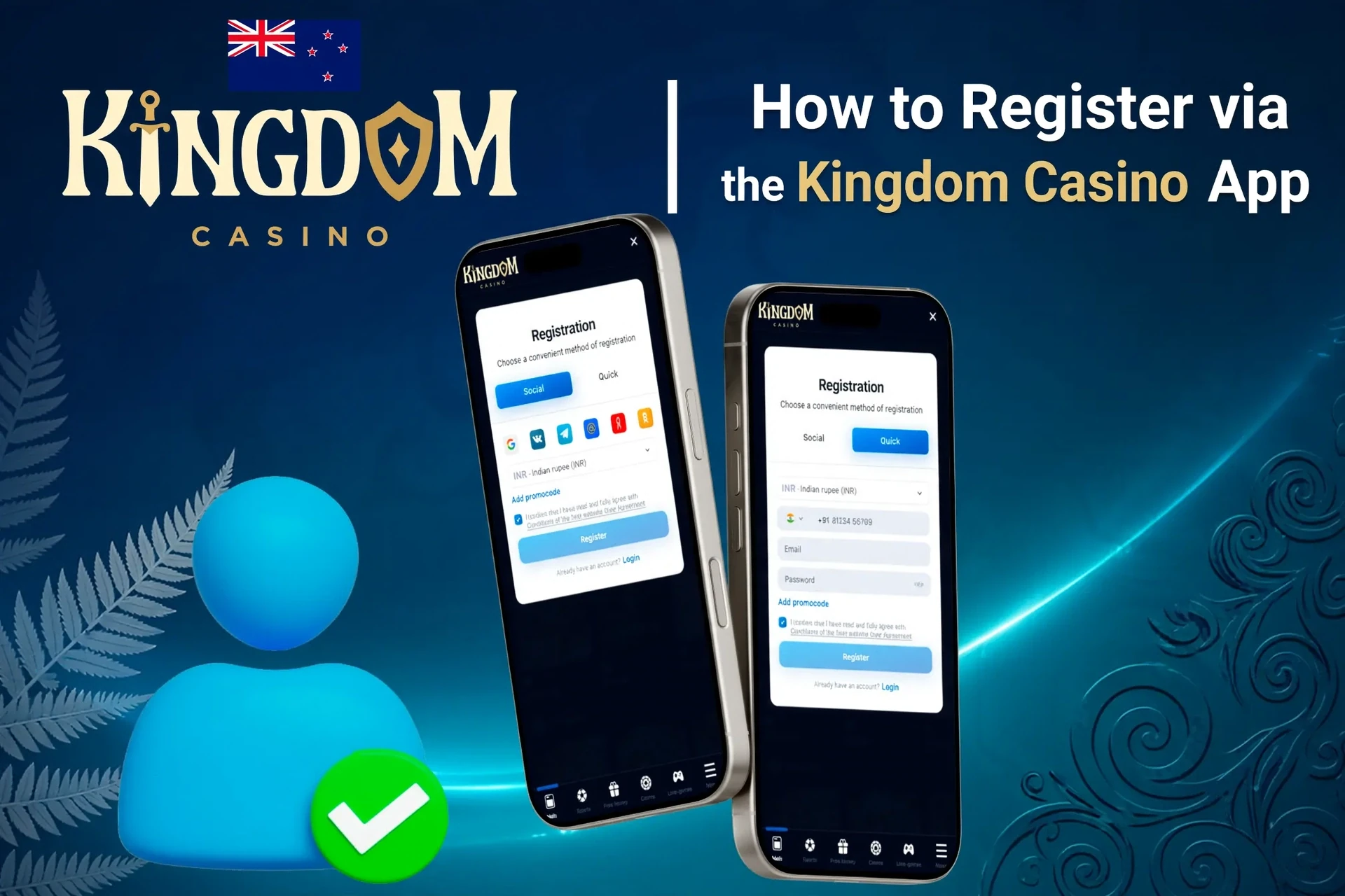 Registration process on the Kingdom Casino mobile app with social login options