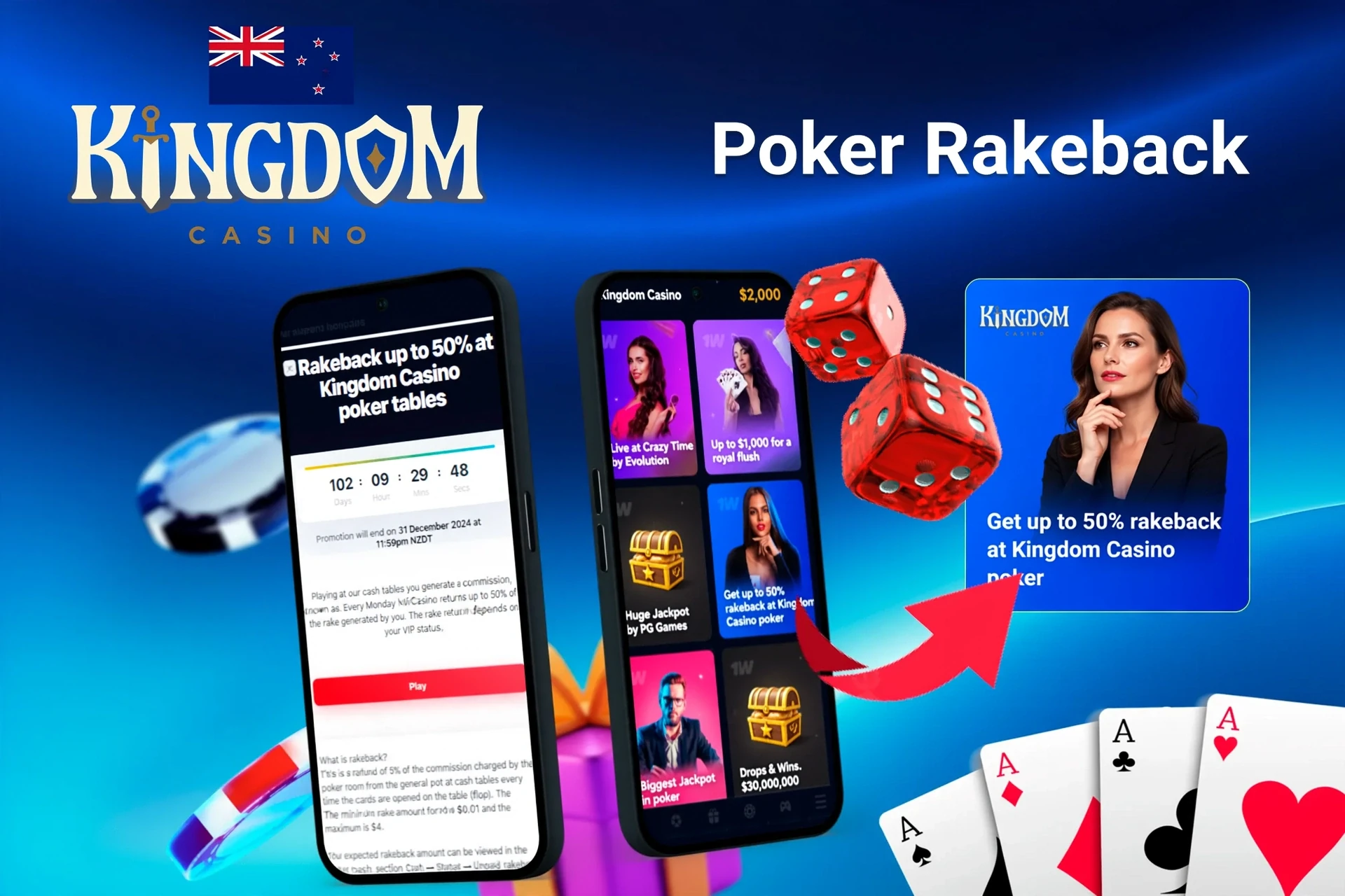 Mobile app with Kingdom Casino poker rakeback offer up to 50%, red dice, and playing cards