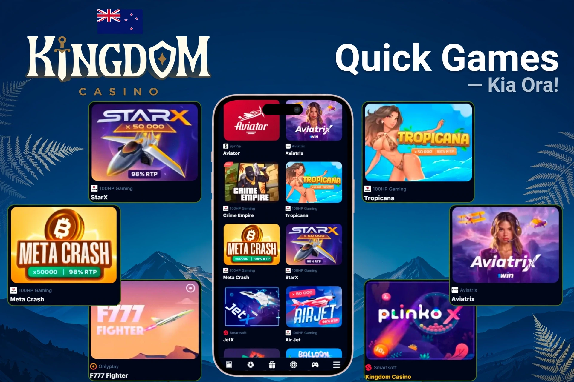 Quick games section at Kingdom Casino featuring titles like StarX, Tropicana, Meta Crash, and PlinkoX on mobile and desktop