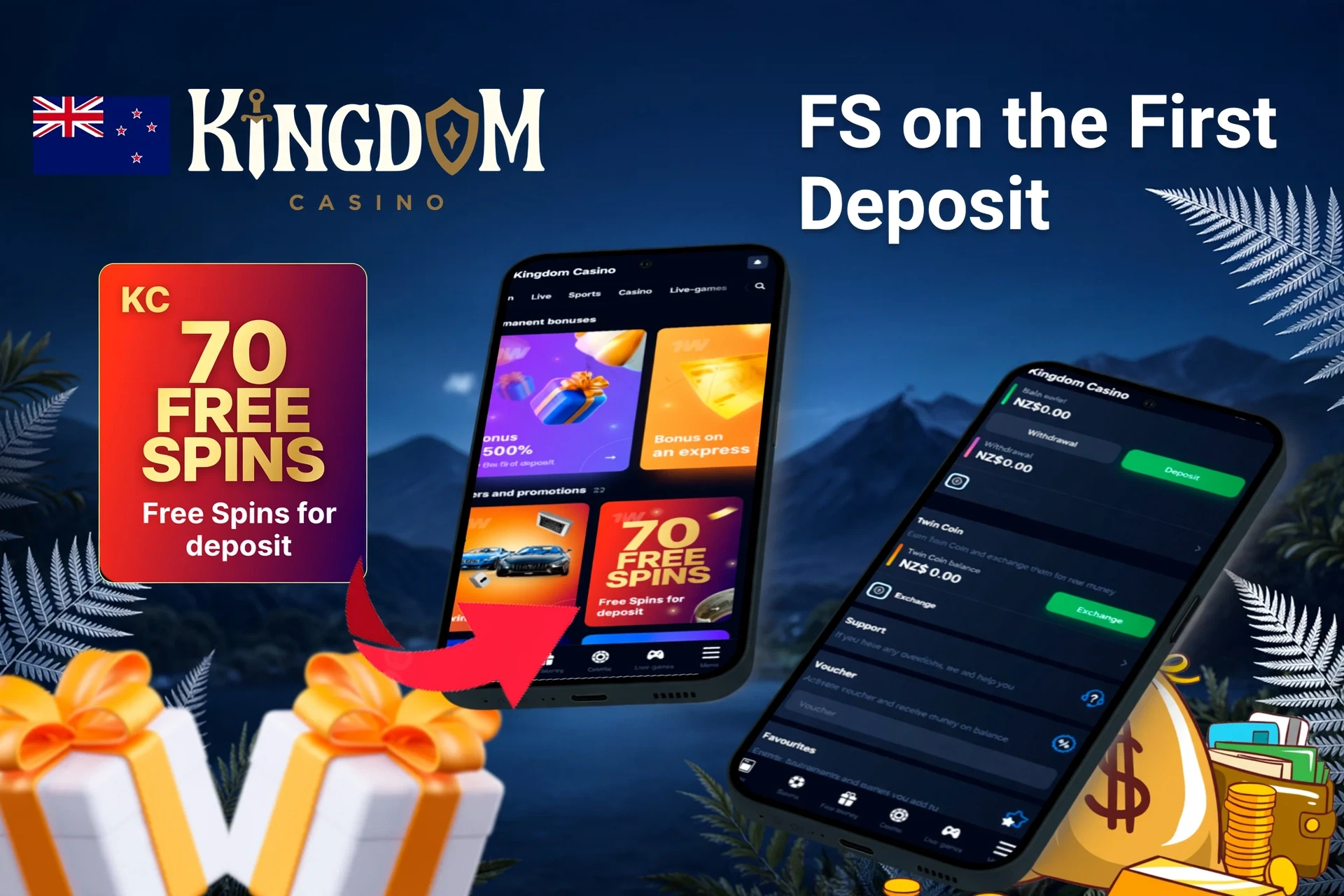Mobile app showing casino game offers like loyalty program and free spins with poker chips and cards
