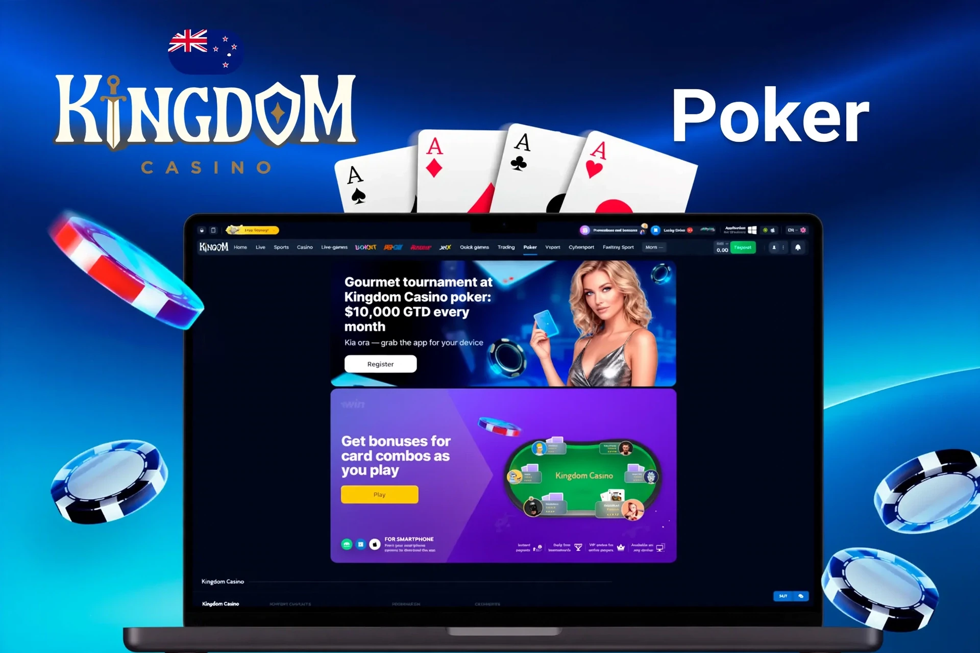 Kingdom Casino poker promotion featuring a gourmet tournament with A$10,000 guaranteed prize and bonuses for card combos