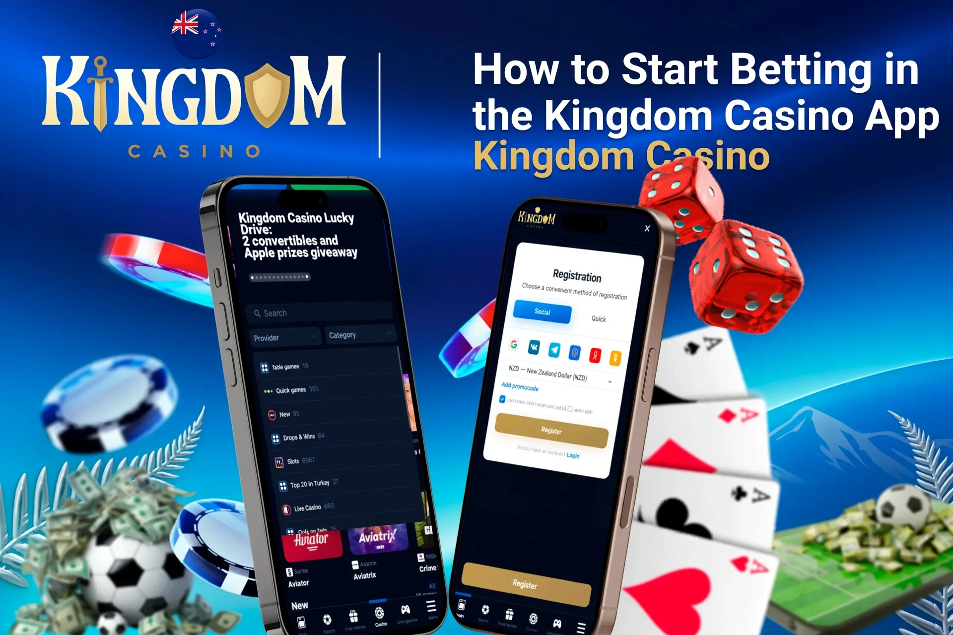 Step-by-step guide to starting betting on the app, with registration and game selection shown on mobile screens