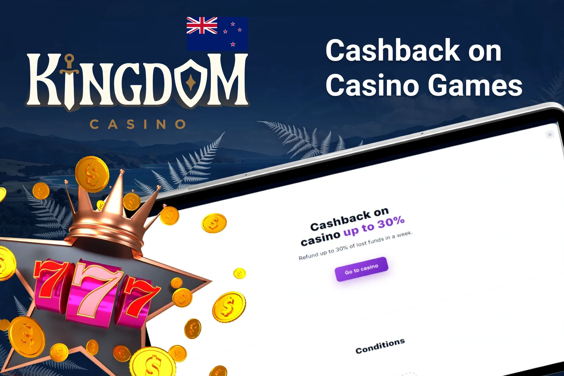 Mobile app with Kingdom Casino poker rakeback offer up to 50%, red dice, and playing cards