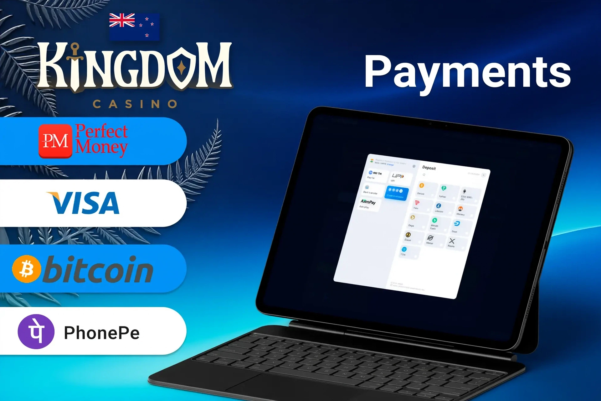 Kingdom Casino payment methods including Perfect Money, Visa, Bitcoin, and POLi for quick and secure transactions