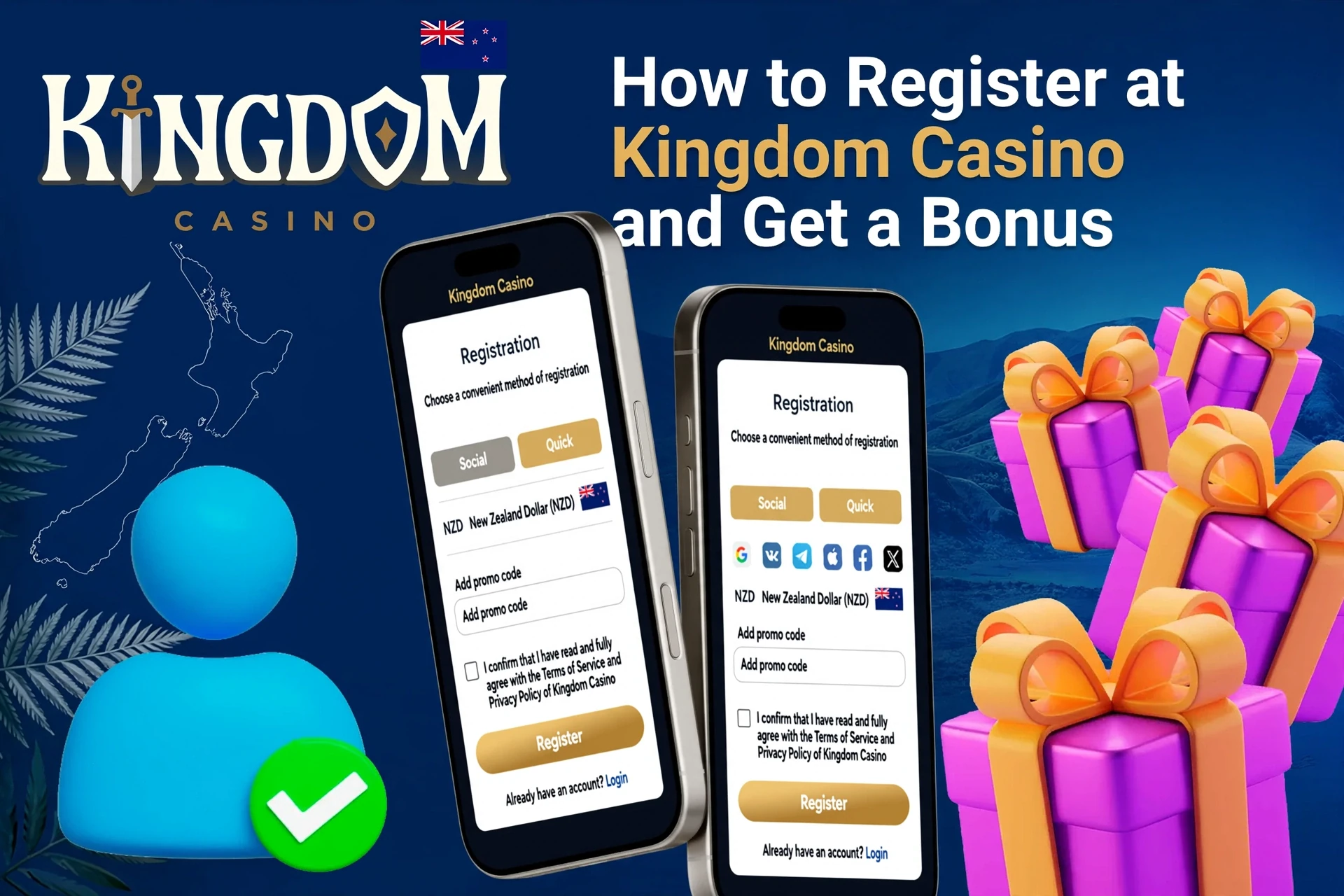 Mobile registration page for Kingdom Casino showing bonus offers with purple and gold gift boxes