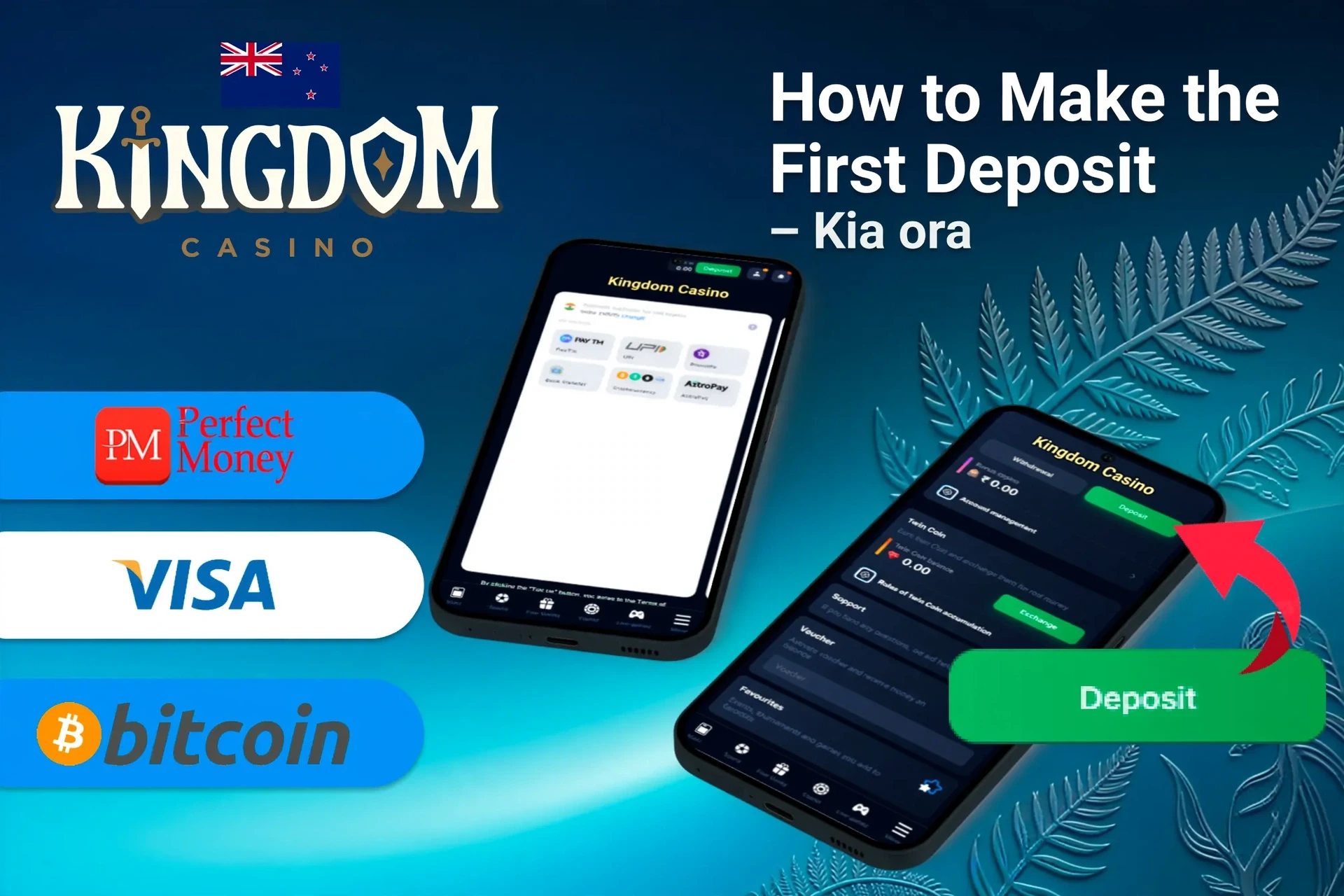 Mobile app showing deposit options such as Perfect Money, Visa and Bitcoin, plus a deposit button