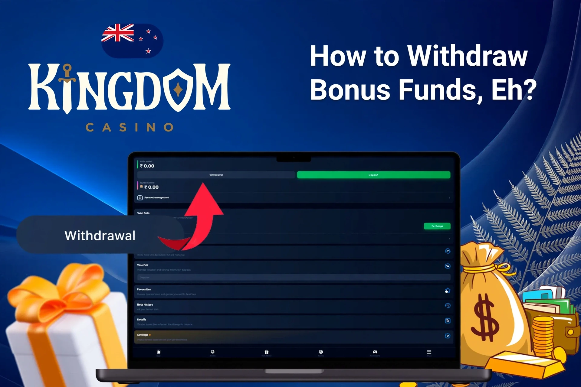 Laptop screen showing Kingdom Casino withdrawal options with money bags and gift boxes in the background