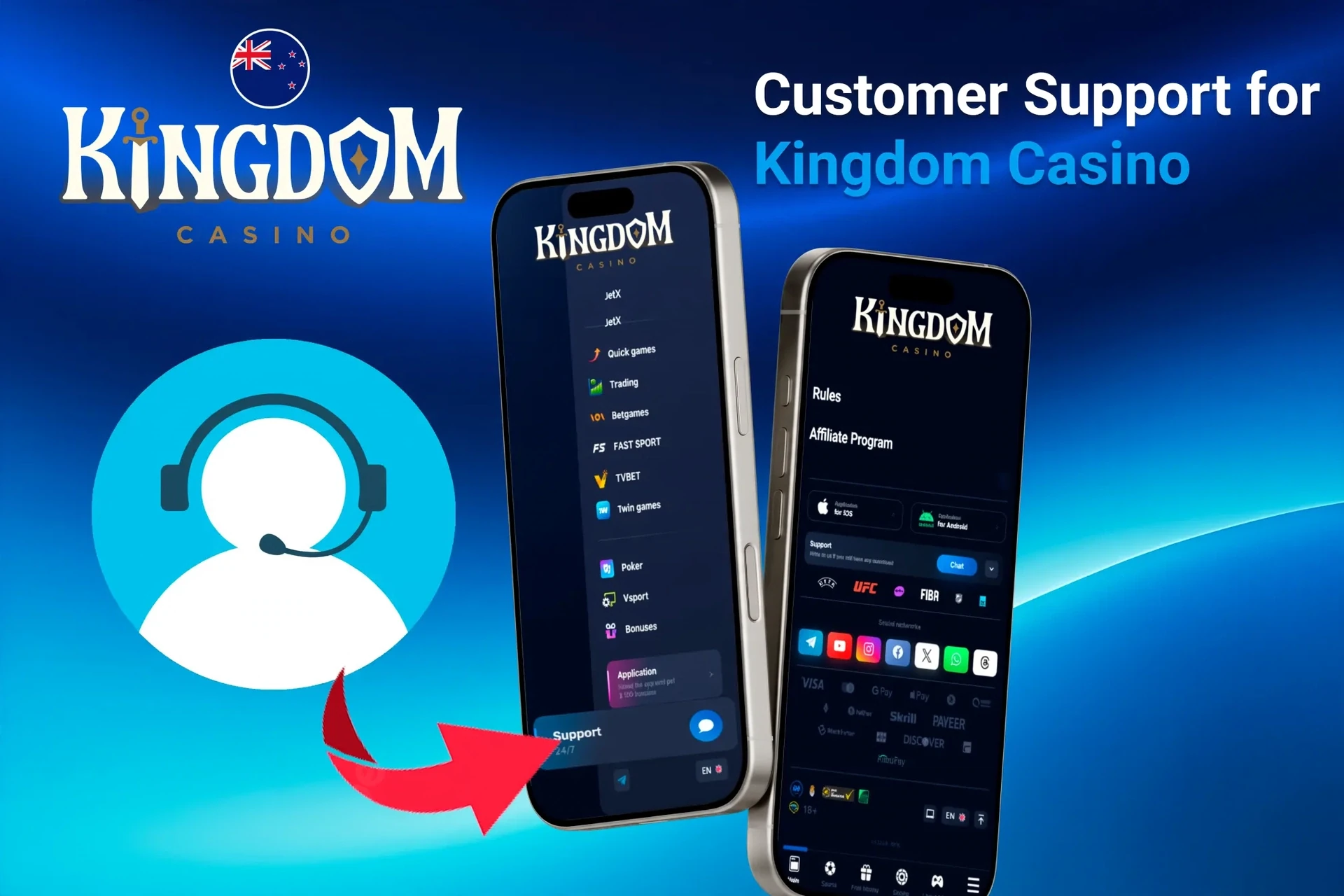 Customer support feature for the app, highlighting options for contacting support through the app