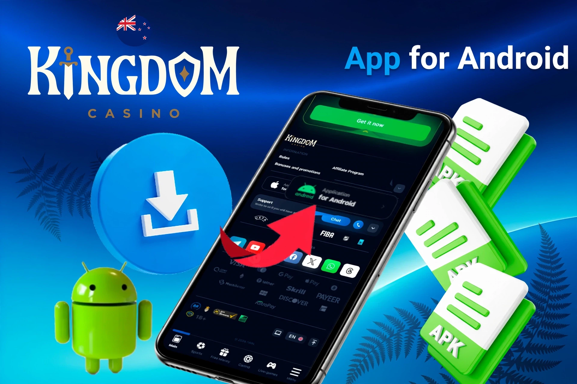 App for Android download process with APK file icons and Android mascot