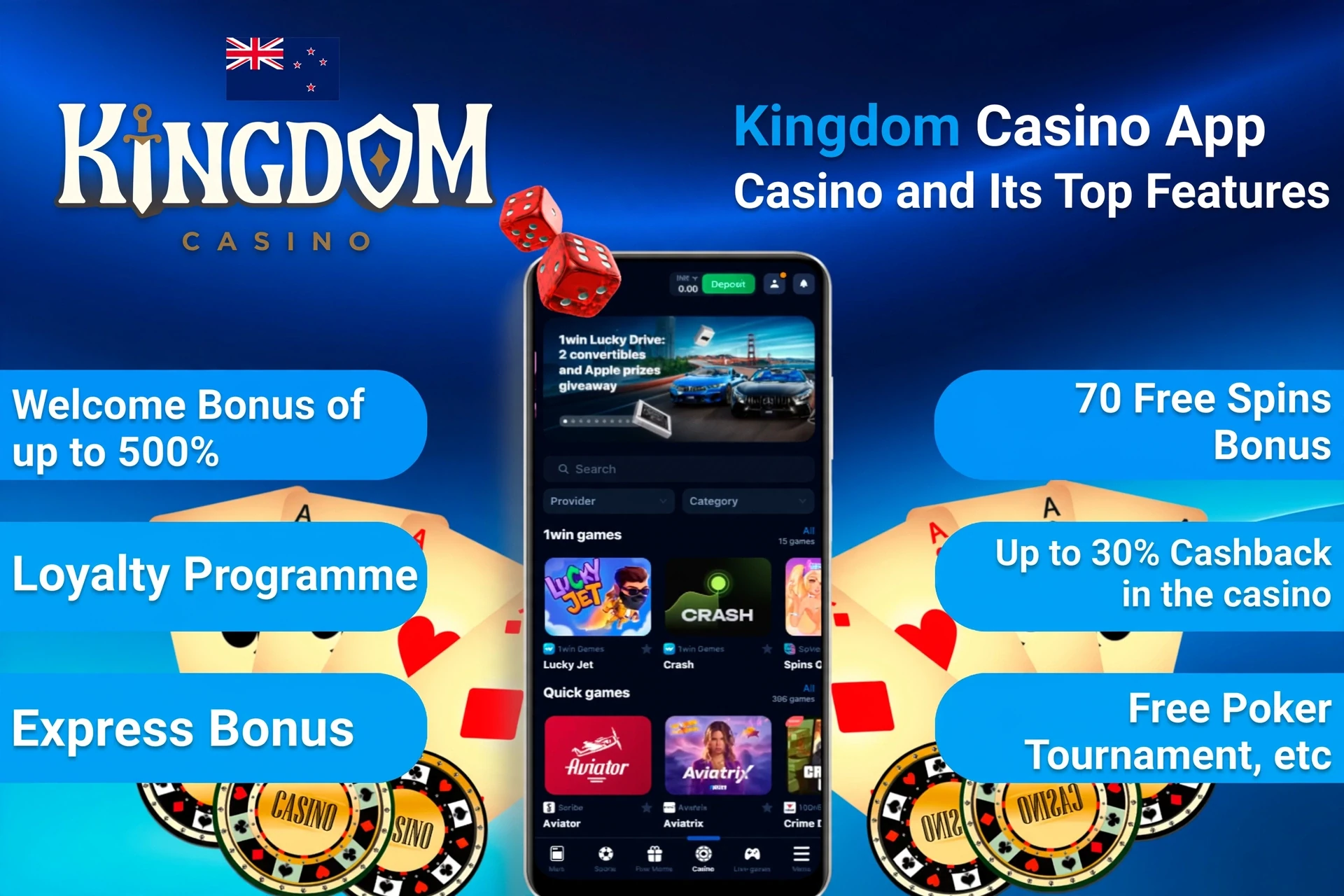 Kingdom Casino App top features including welcome bonus, loyalty program, and express bonus on mobile interface