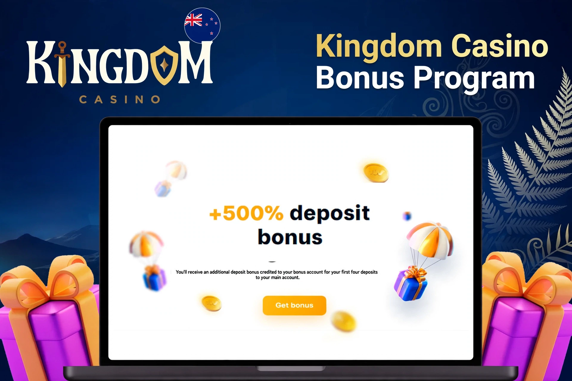 Laptop showing bonus offer of +500% deposit bonus with floating coins and gifts