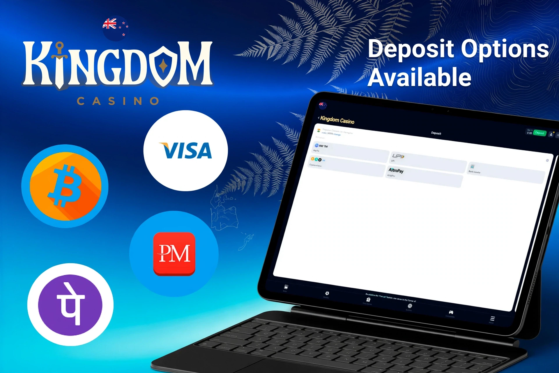 Deposit options available on Kingdom Casino platform, including Bitcoin, Visa, PayPal, and Perfect Money, displayed on a tablet
