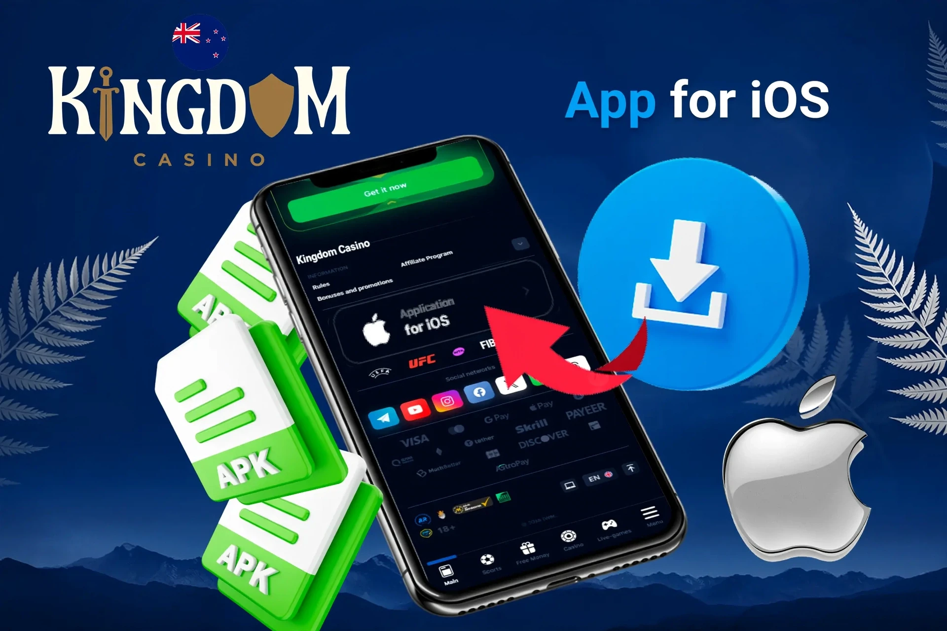 iOS app download screen with APK file icons and Apple logo