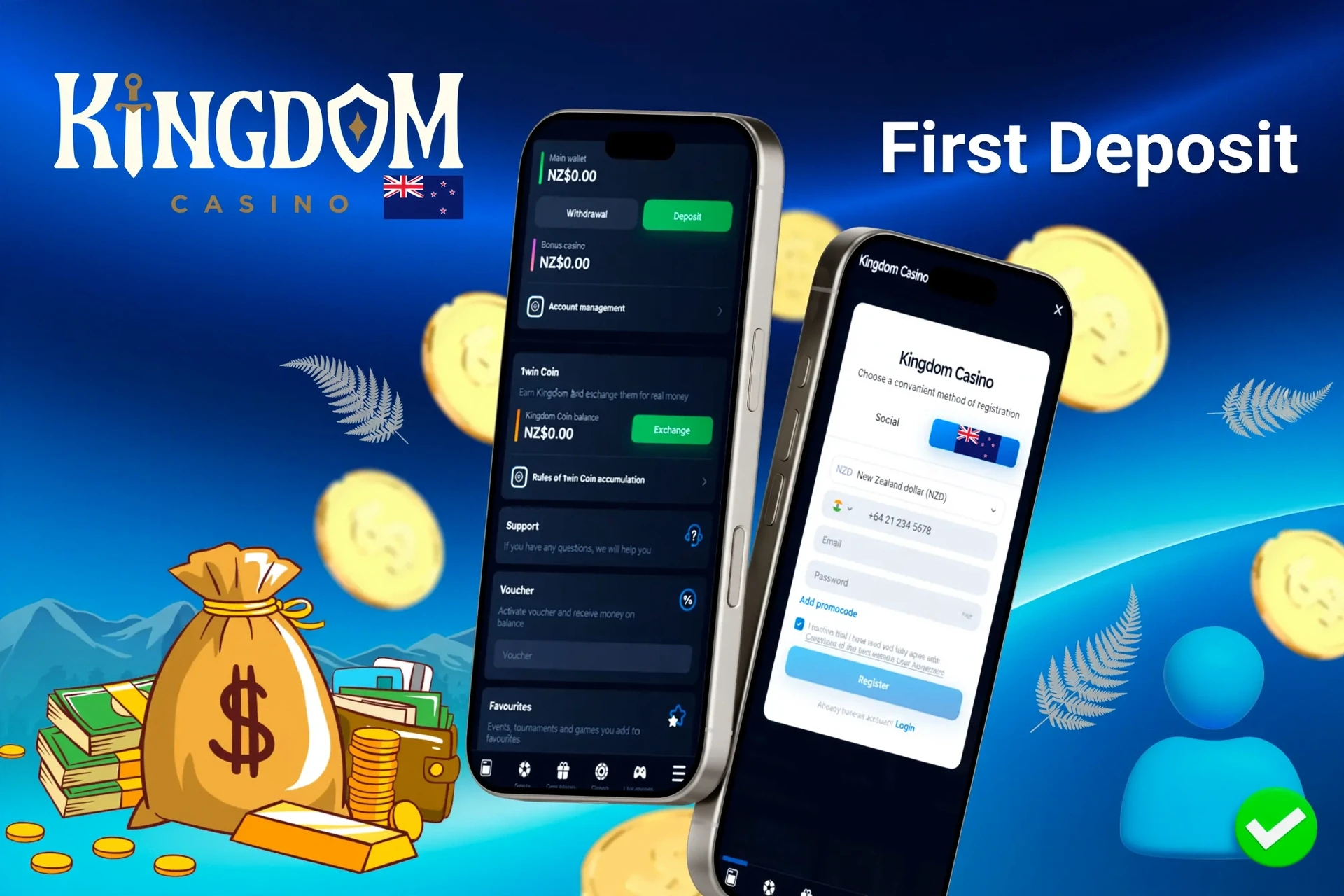 mobile interface showing steps to make the first deposit, with icons for payment options and bonus registration