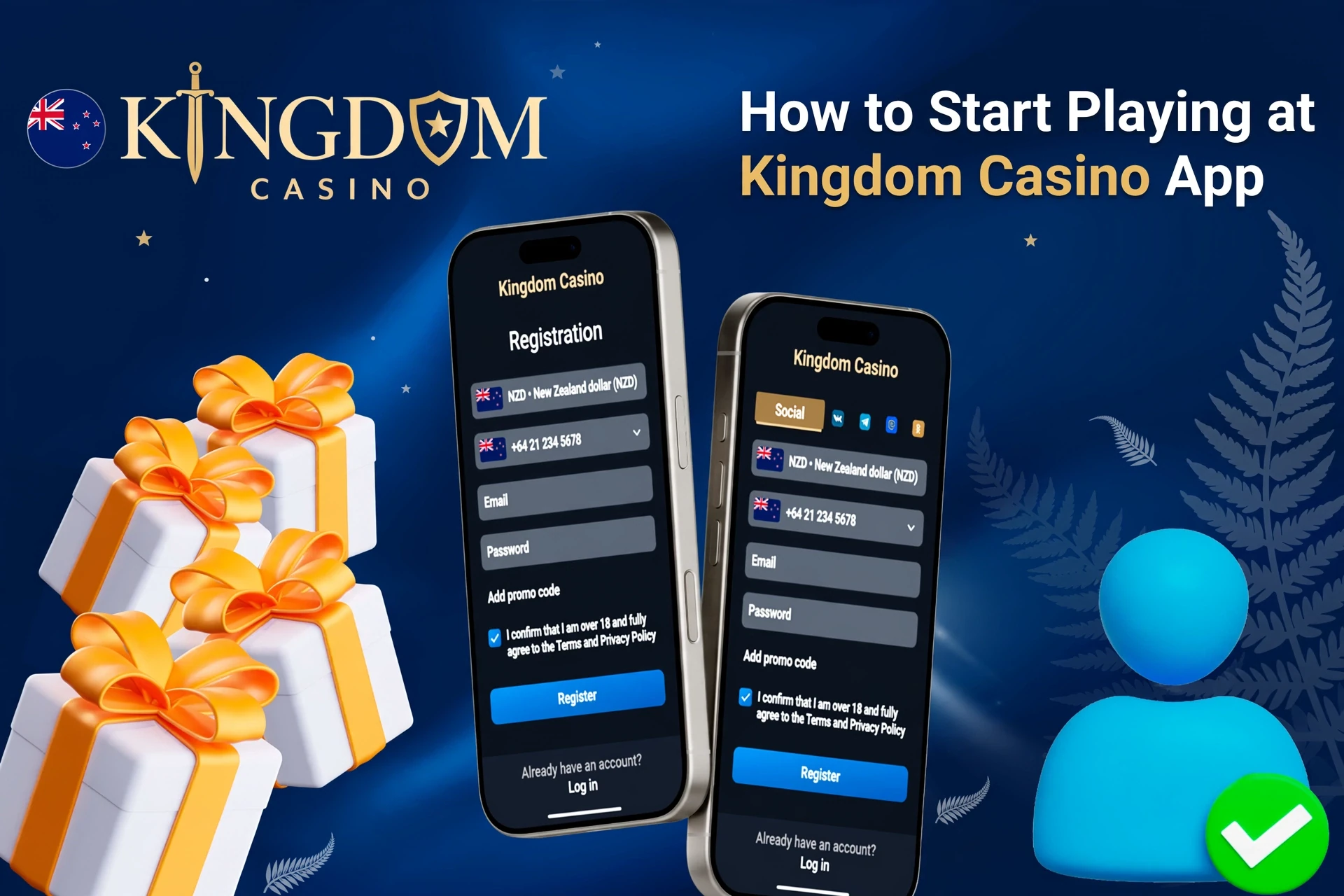 Kingdom Casino app registration screen on mobile with easy-to-follow steps and gift box icons