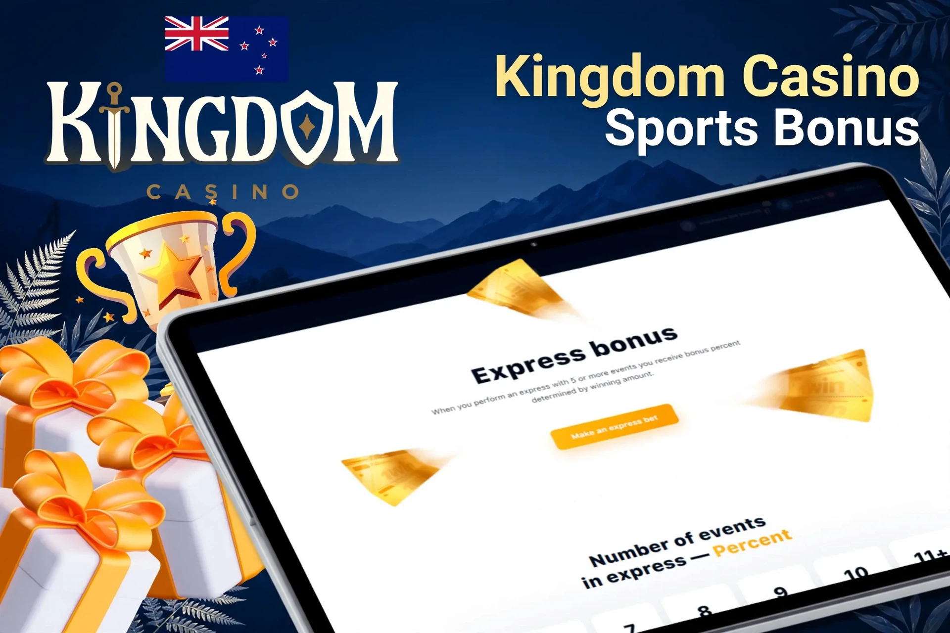 Tablet screen with express bonus offer for sports betting from Kingdom Casino, with trophy and gift boxes.