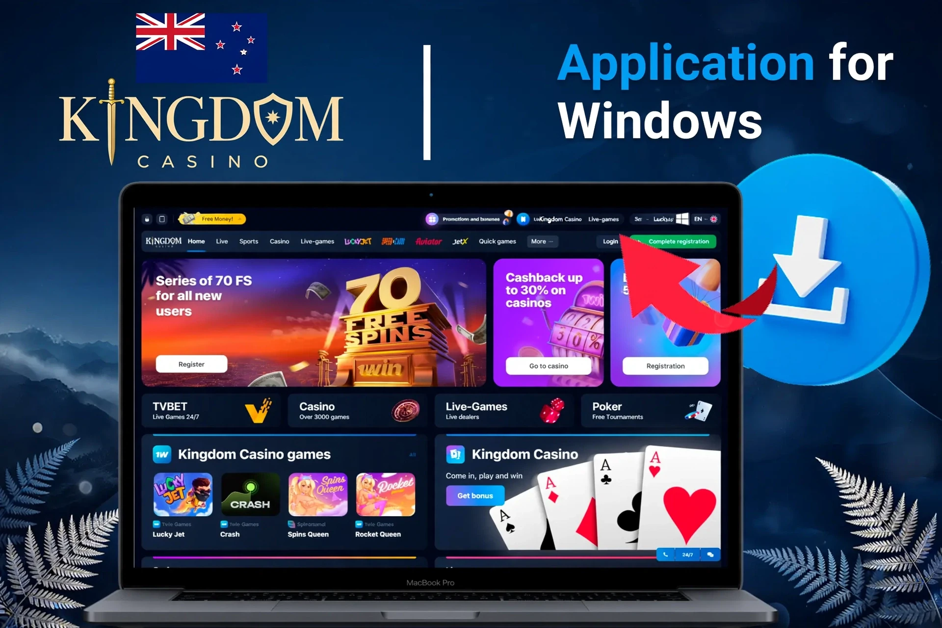 Application for Windows with download instructions and 70 free spins promotion