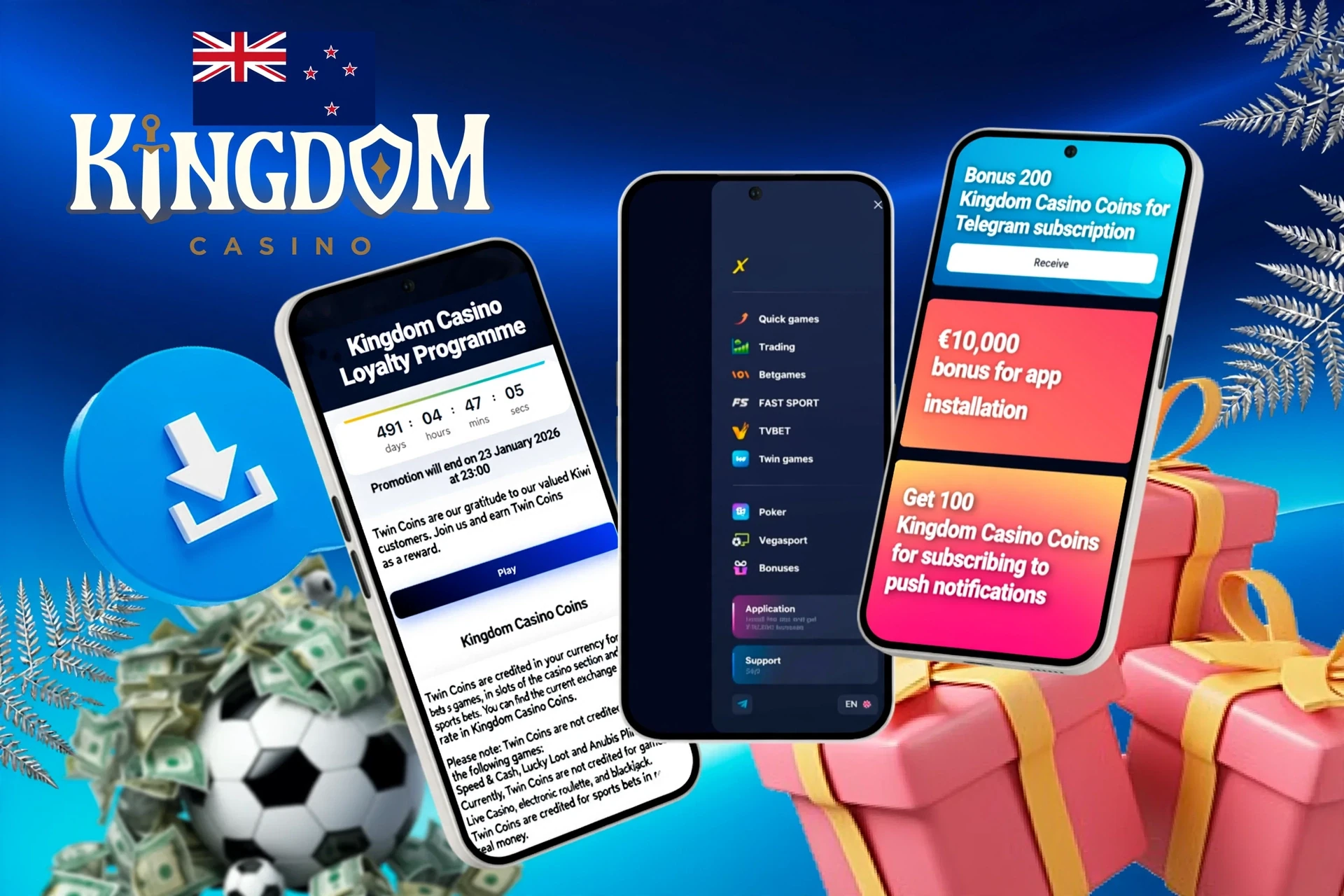 Mobile screens showing loyalty program, app installation bonus, and football icon with download button