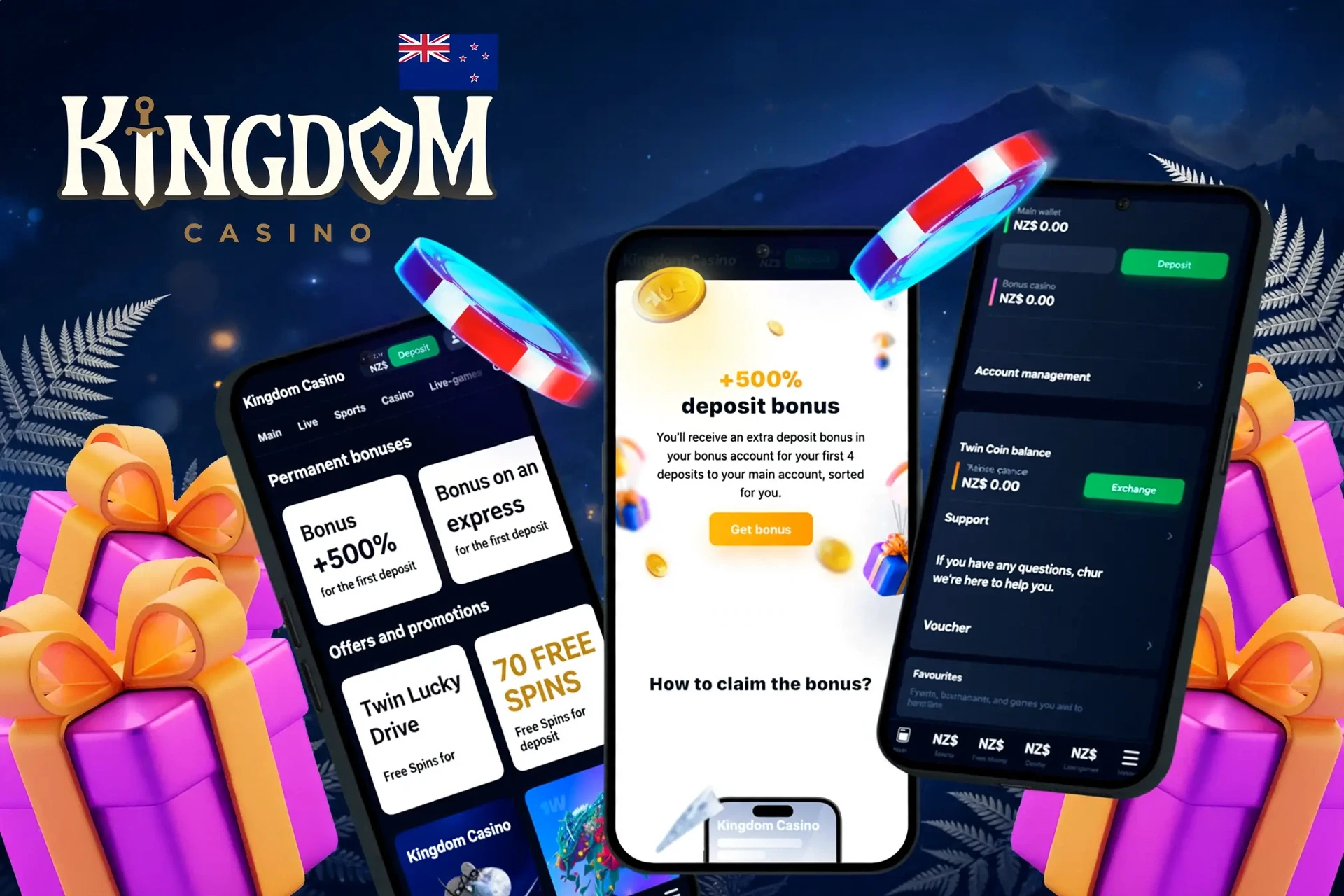app showing instructions to claim a 500% deposit bonus on mobile with colorful gaming elements