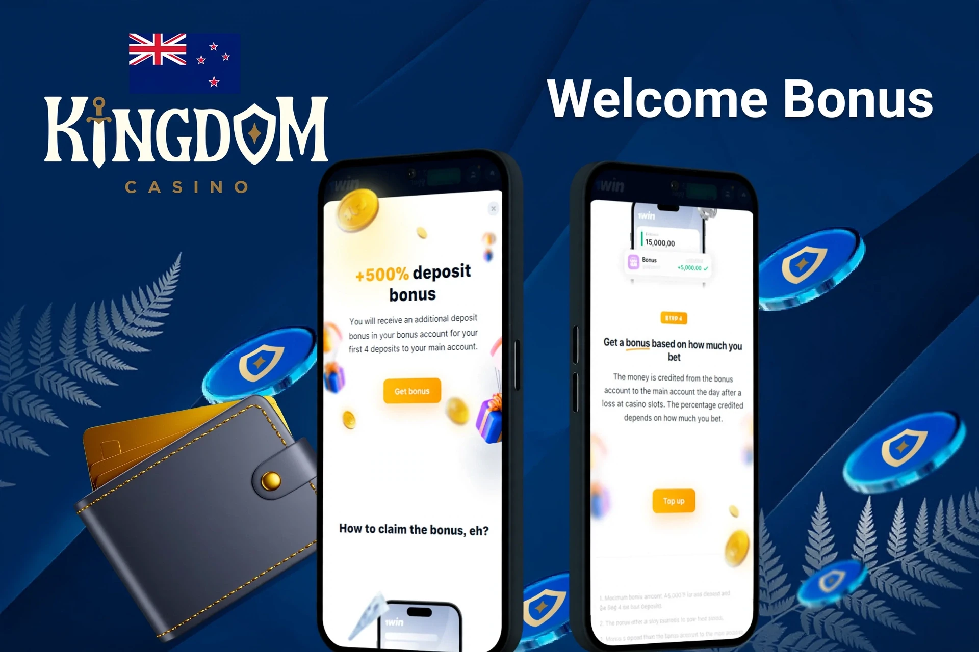 Kingdom Casino welcome bonus screen with +500% deposit bonus for first four deposits, displayed on two mobile screens