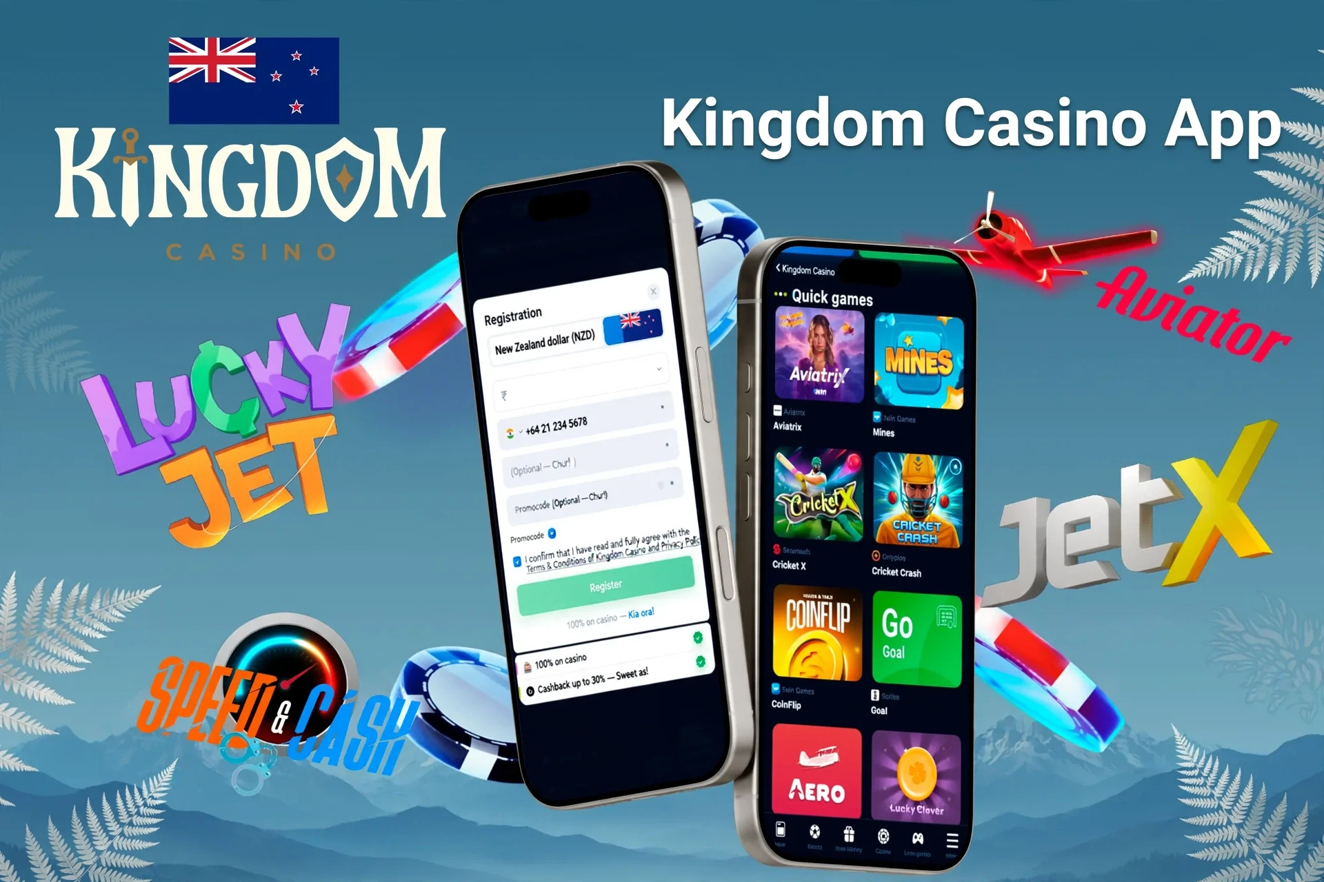 Kingdom Casino app registration screen with quick games like Aviatrix and JetX