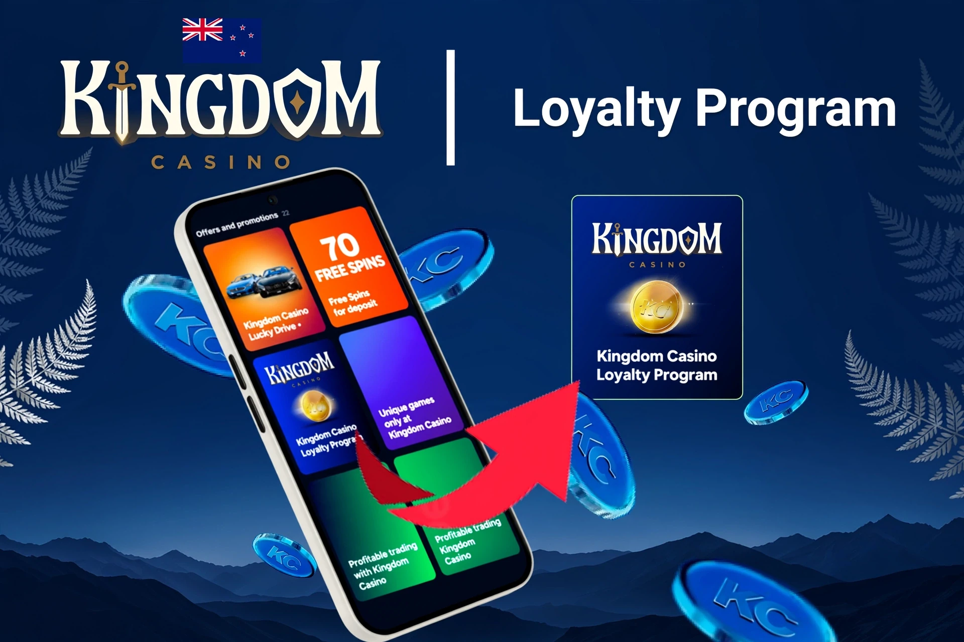 Mobile app showing Kingdom Casino loyalty program and offers like free spins and Lucky Drive.