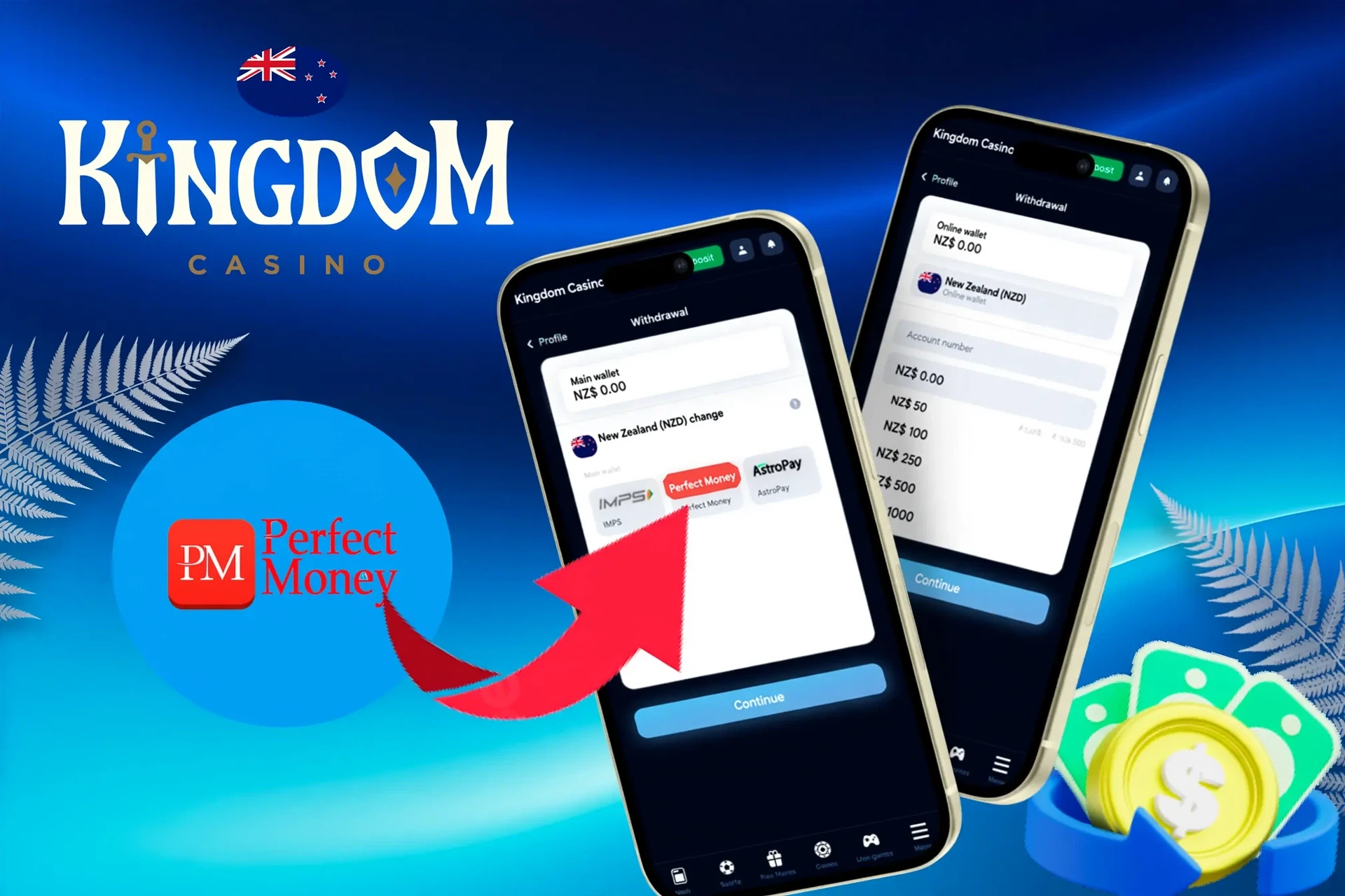 withdrawal options displayed on a mobile interface, including various e-wallets and payment services