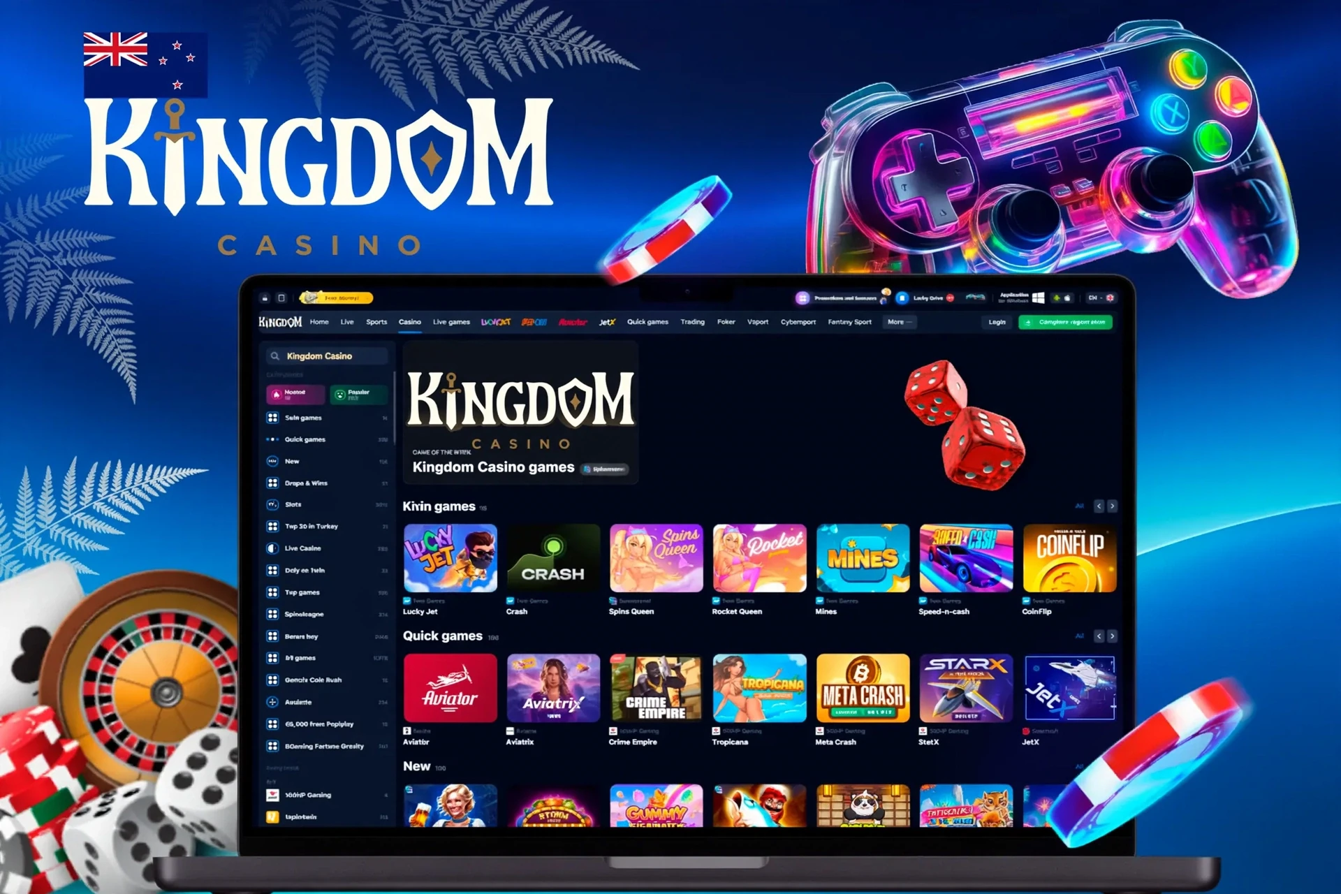 app interface showing a variety of games like Spins Queen, Crash, and Rocket Queen with a vibrant game controller icon