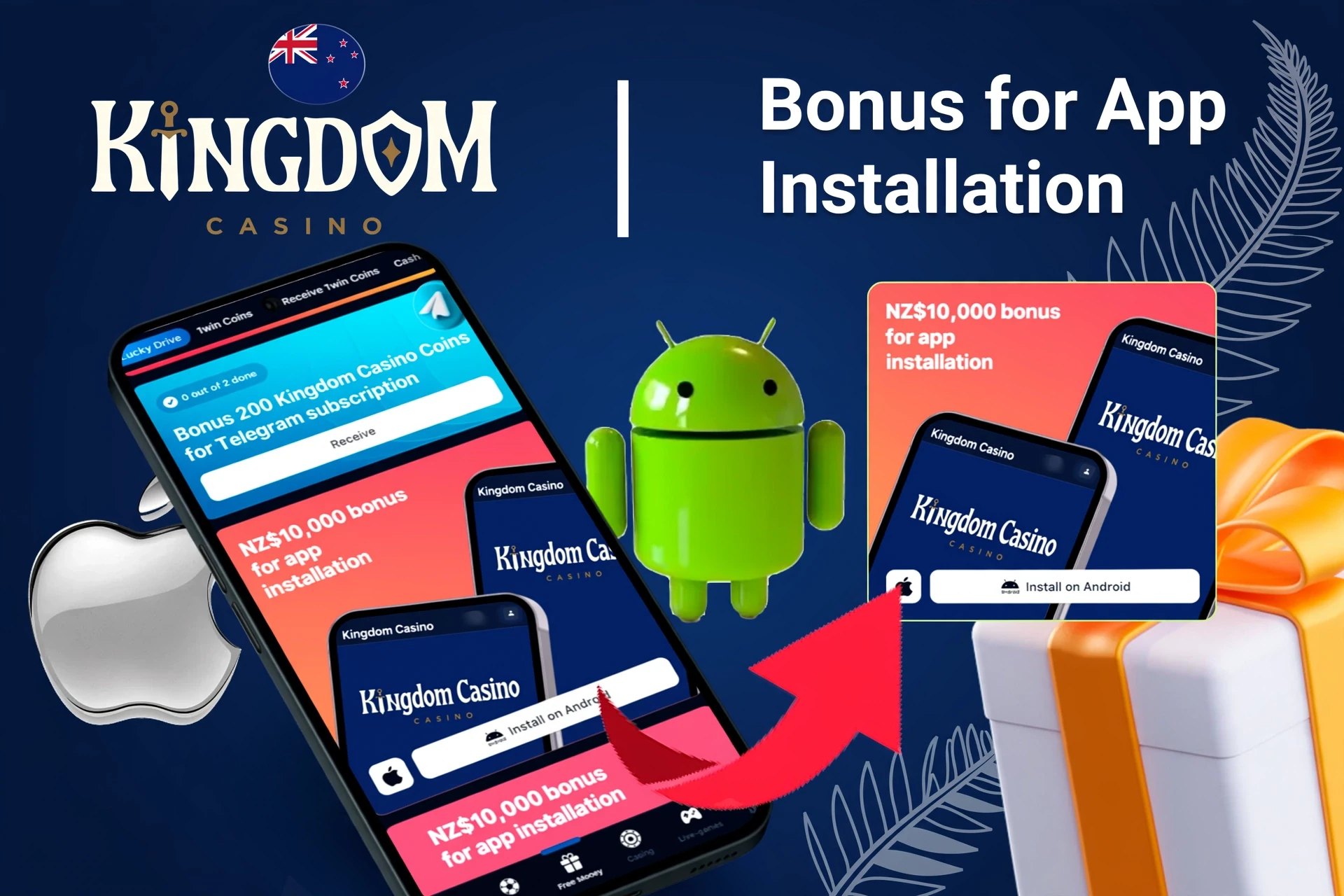 Kingdom Casino bonus offer for app installation on mobile with Android and Apple logos, and gift boxes