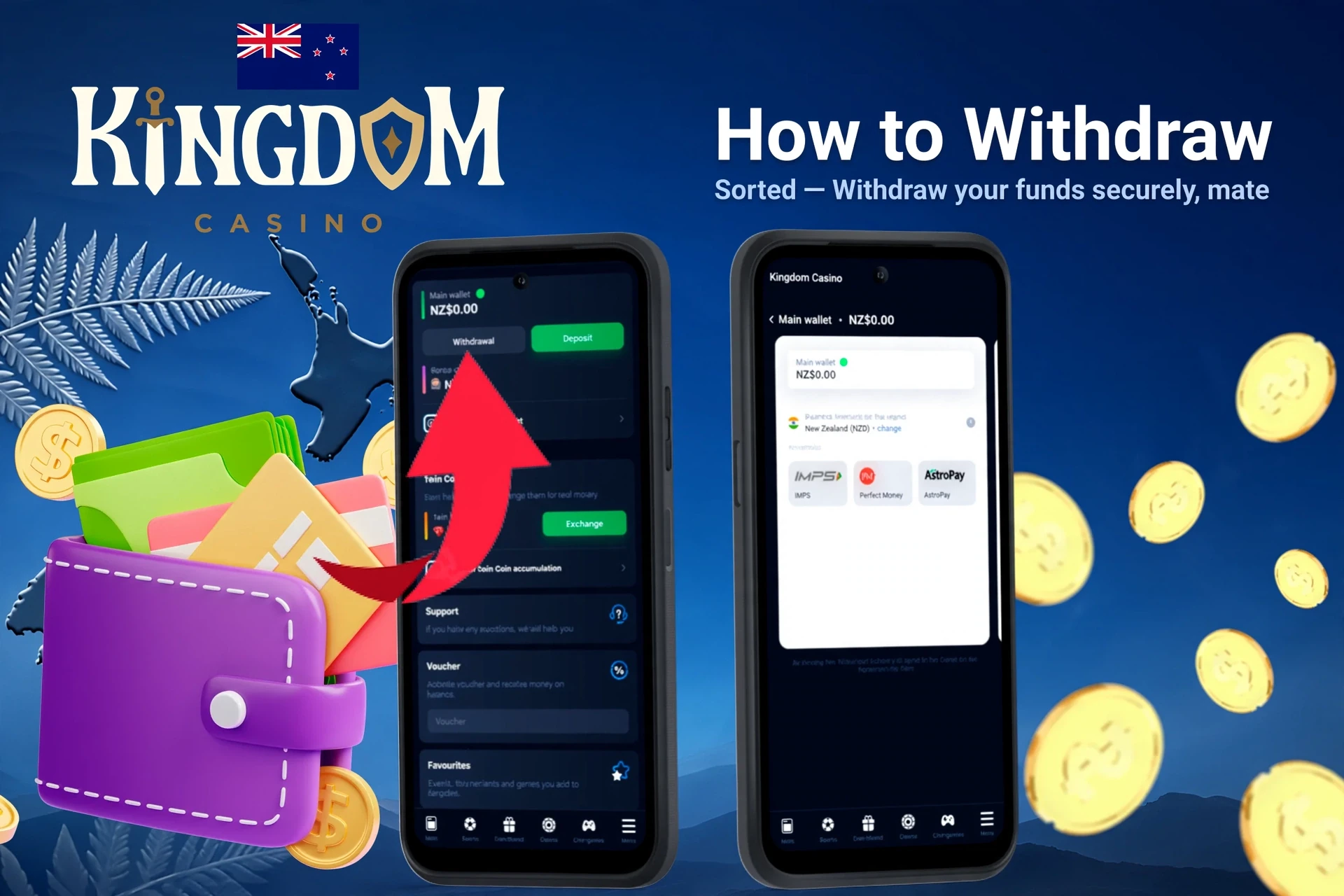 mobile interface demonstrating the withdrawal process with an arrow pointing to available cashout options and balance