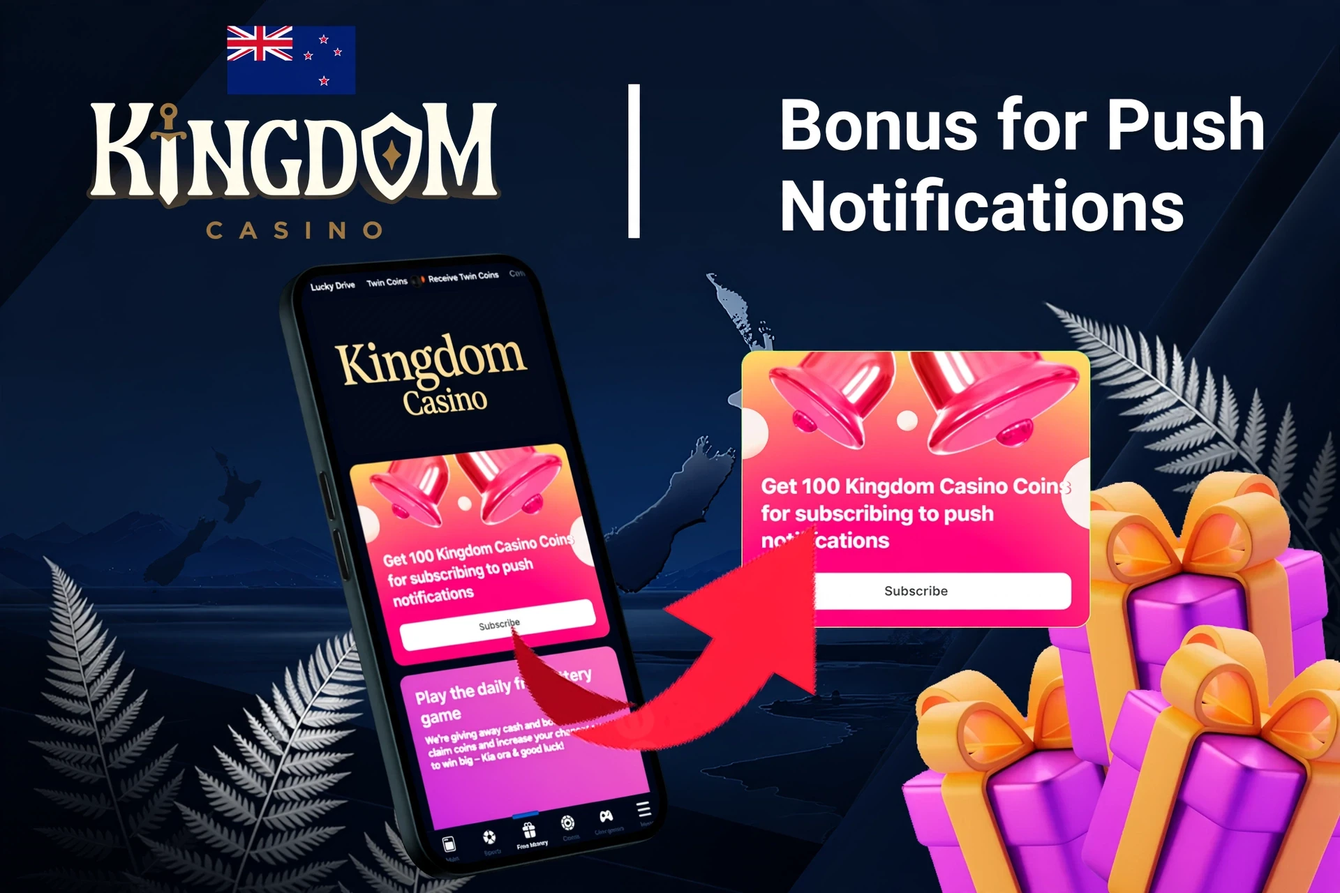 mobile app showing bonus offers and promotions with coins and poker-related graphics