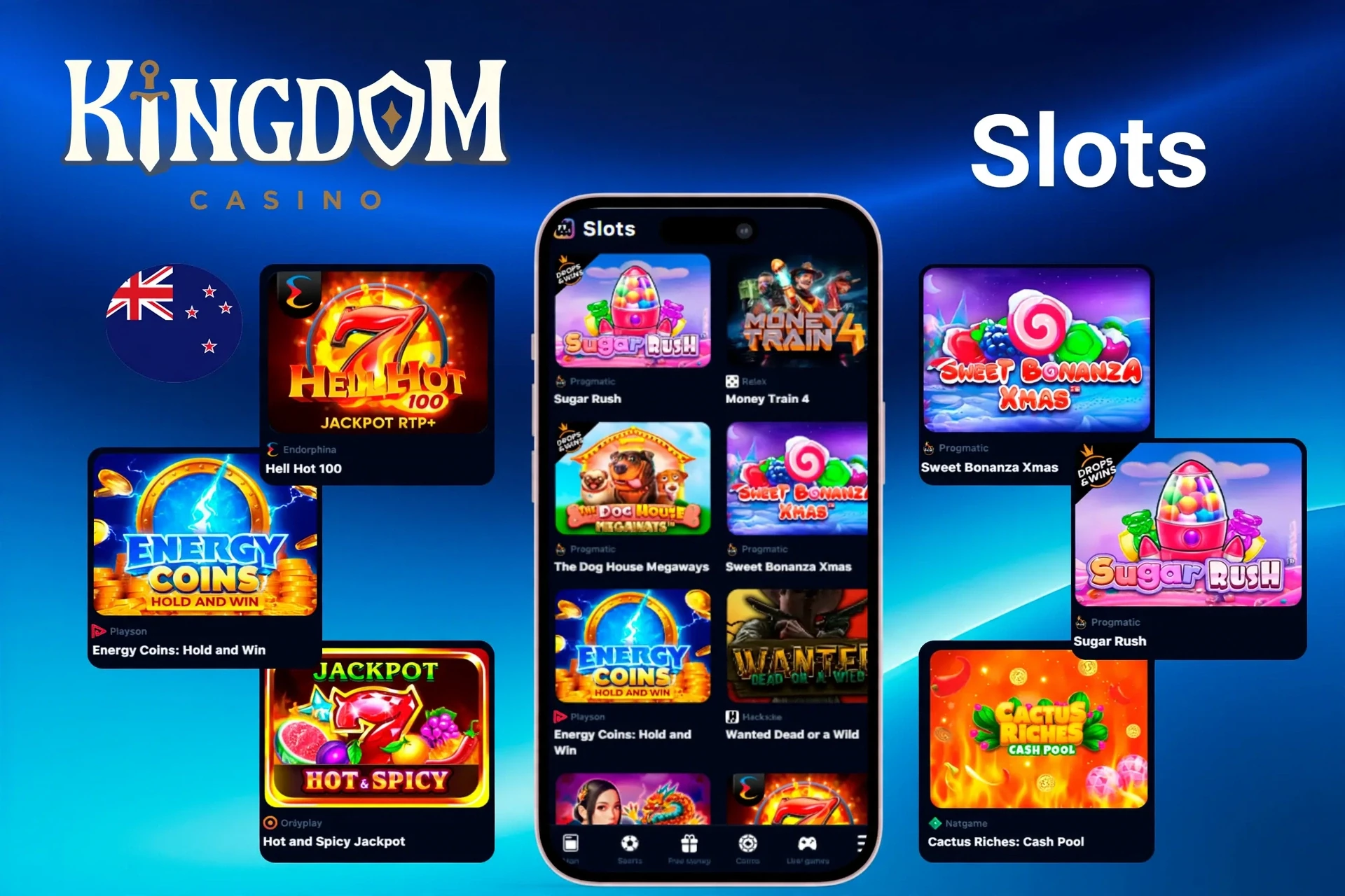 Slots available at Kingdom Casino featuring popular titles like Sugar Rush, Energy Coins, and Hell Hot 100 on mobile and desktop