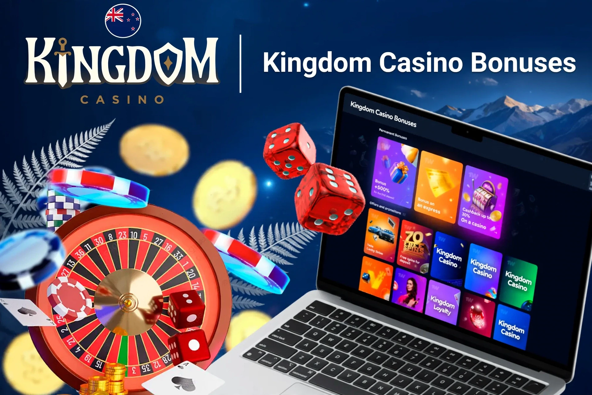 Laptop screen showing various Kingdom Casino bonuses with roulette, dice, and poker chips