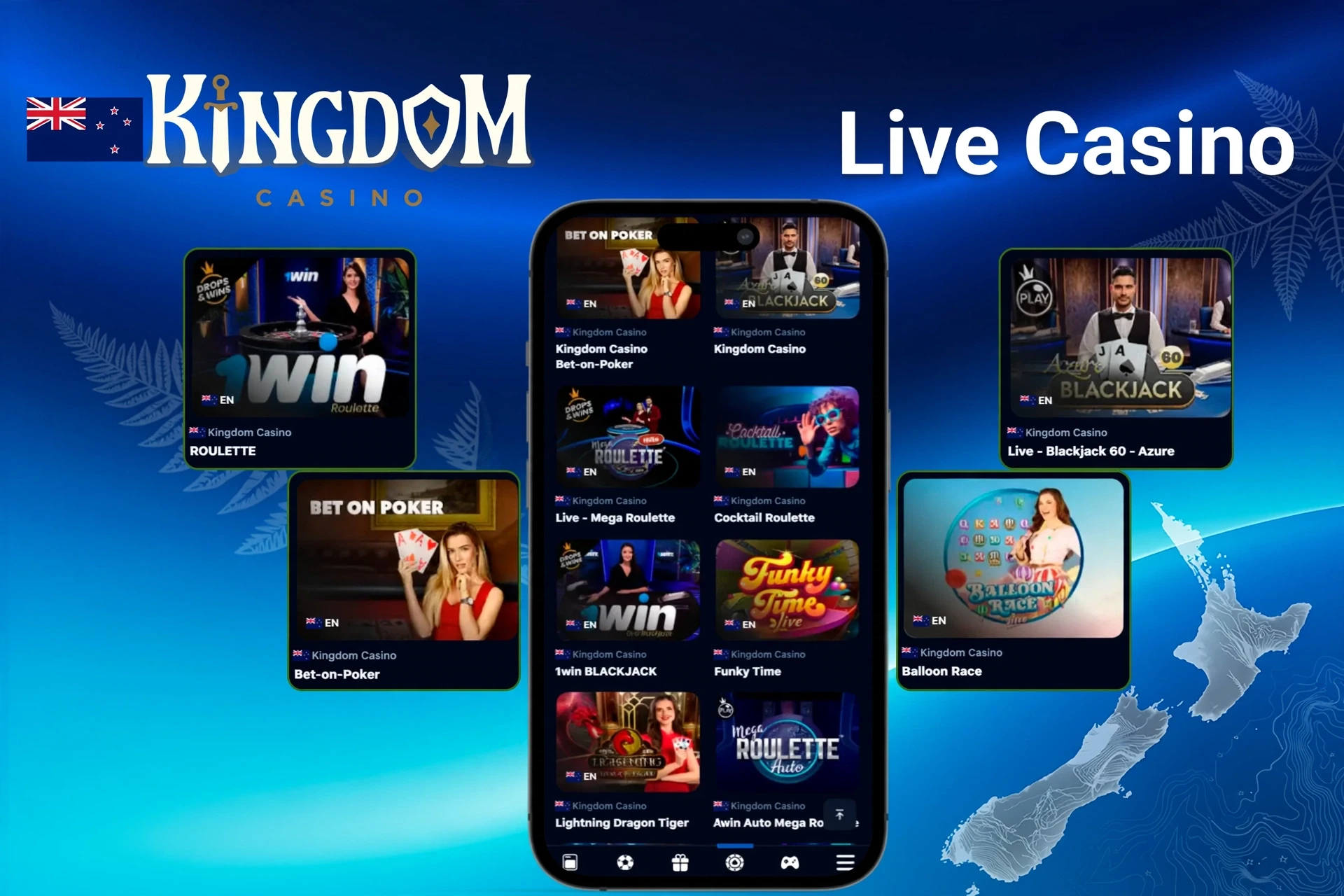 Live casino games at Kingdom Casino featuring popular live tables and dealer-held action on mobile and desktop
