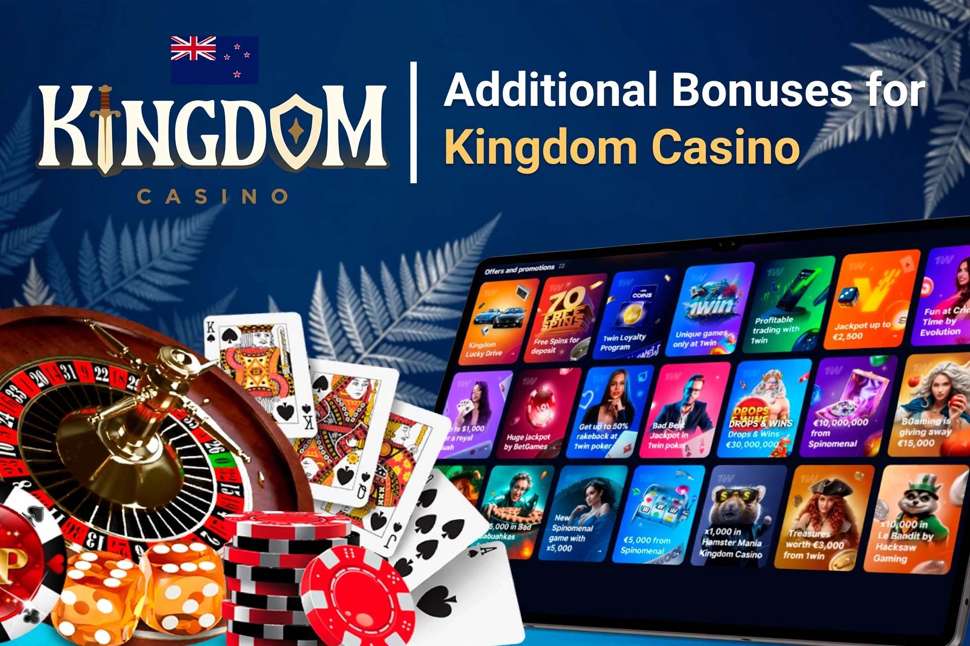 Mobile app showing casino game offers like loyalty program and free spins with poker chips and cards