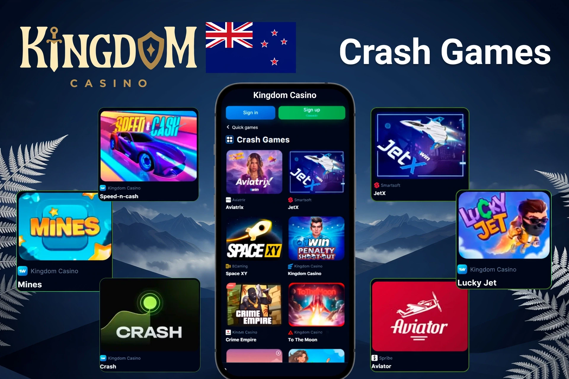 Crash games such as Mines, Speed-n-Cash, Aviator, and Lucky Jet shown on mobile and desktop at Kingdom Casino